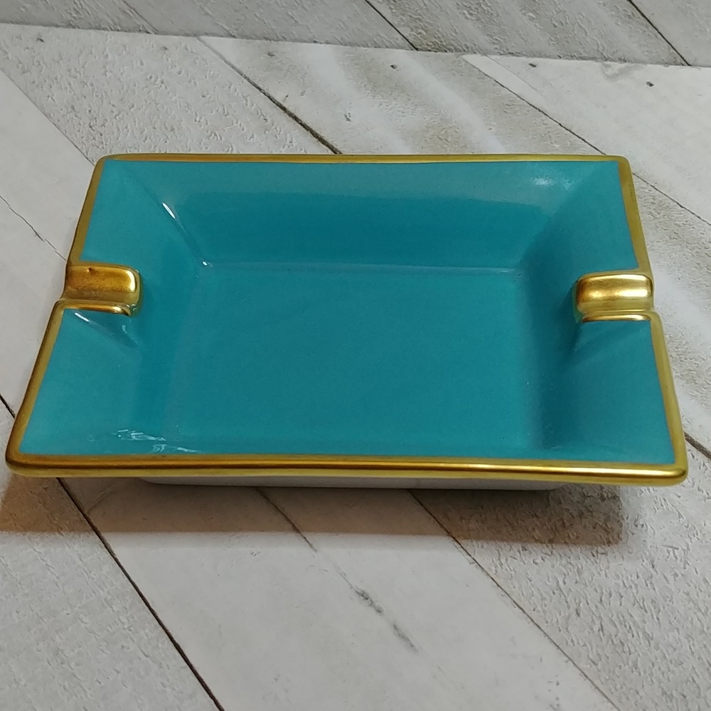 Limoges France Hand Decorated Vintage Porcelain Ash Tray Teal and Gold